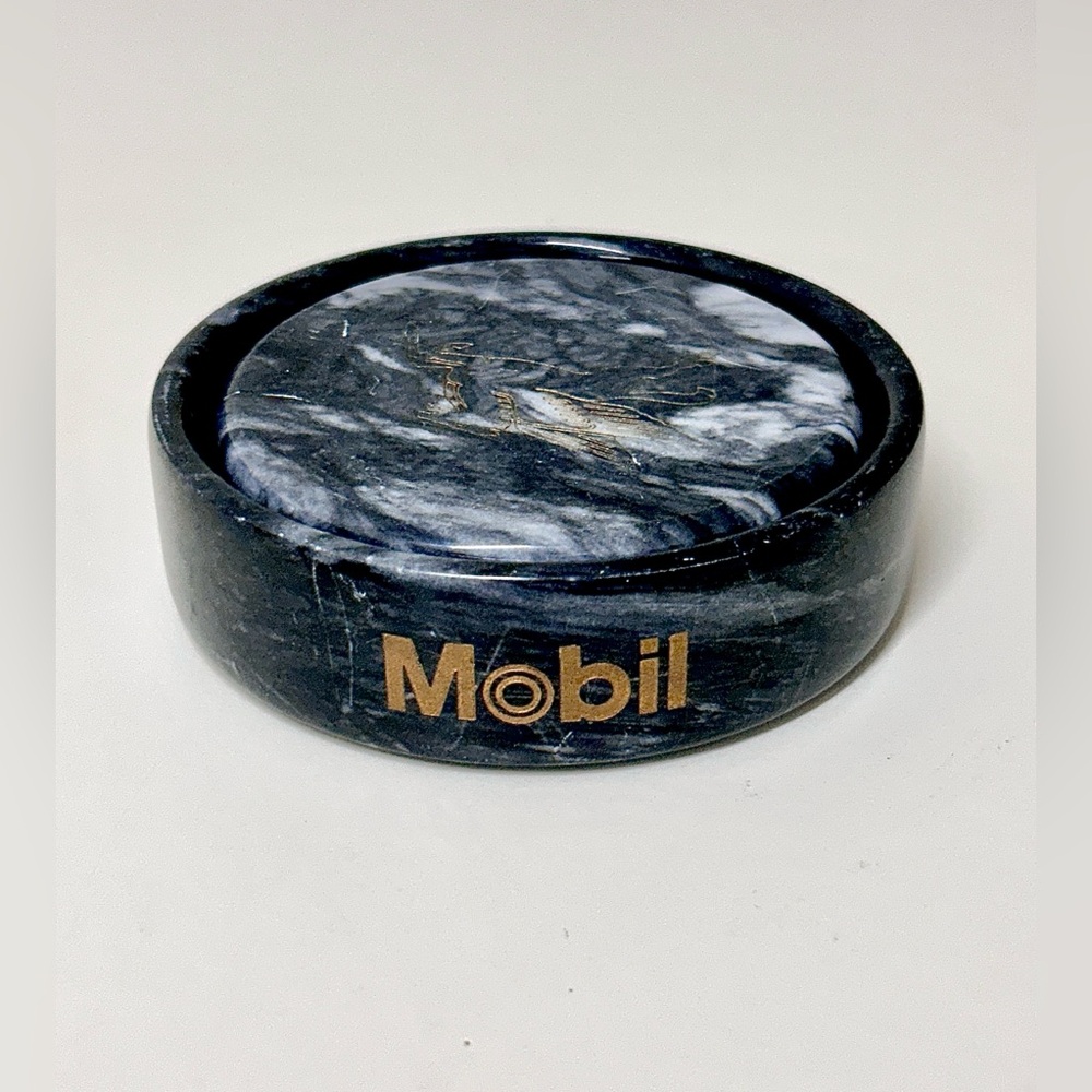 Vtg Executive Set of 2 Black Marble MOBIL Gas Oil Pegasus Logo Drink Coasters